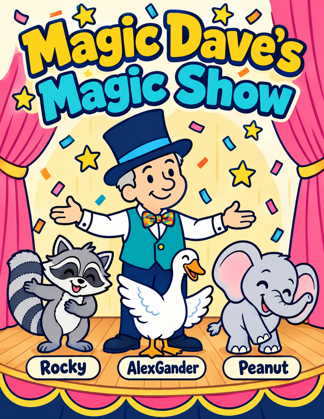 Magic Dave’s Magic Show coloring book cover featuring Rocky the raccoon, AlexGander the goose, and Peanut the elephant