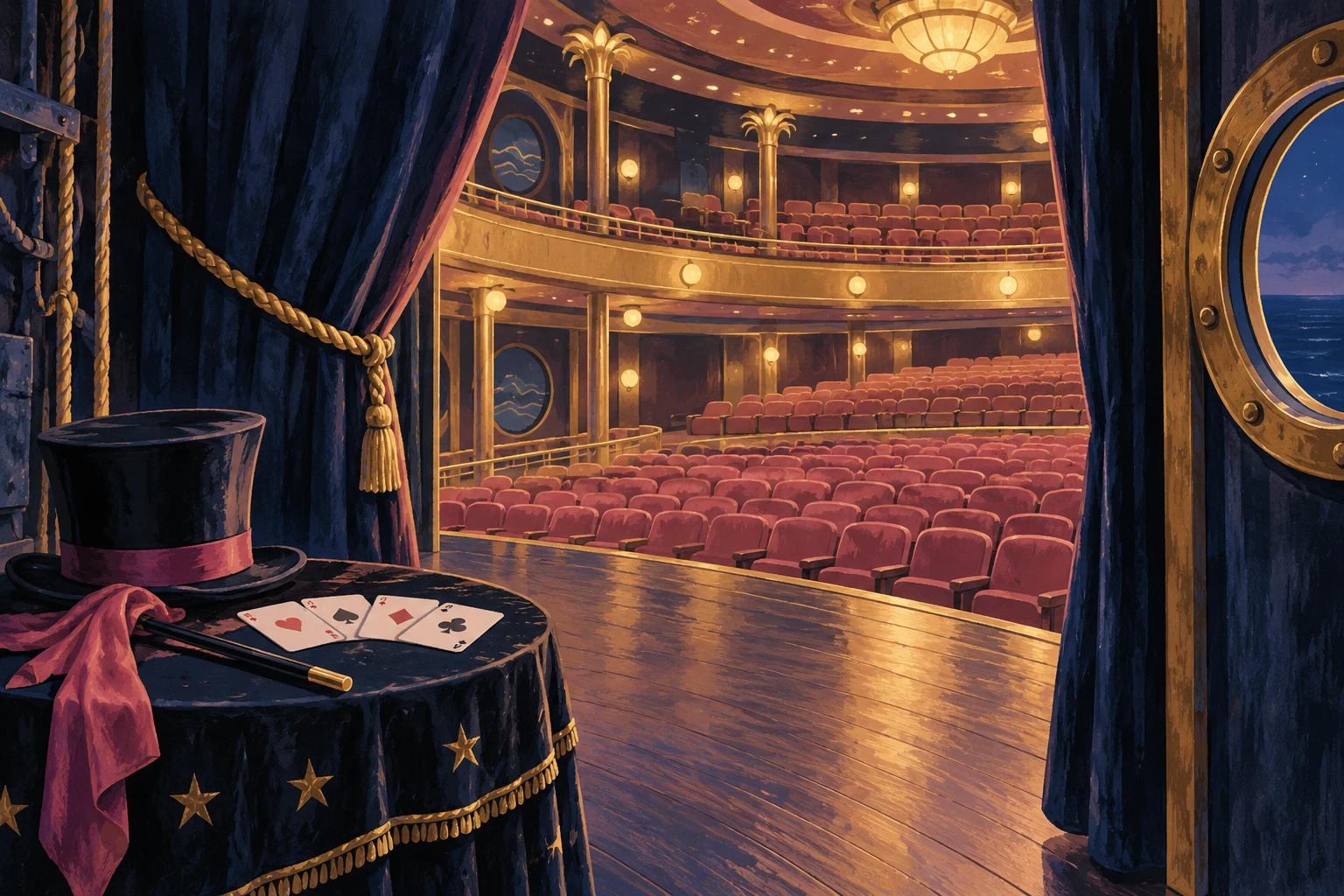 Editorial illustration of a magic table backstage at a theatre at sea.