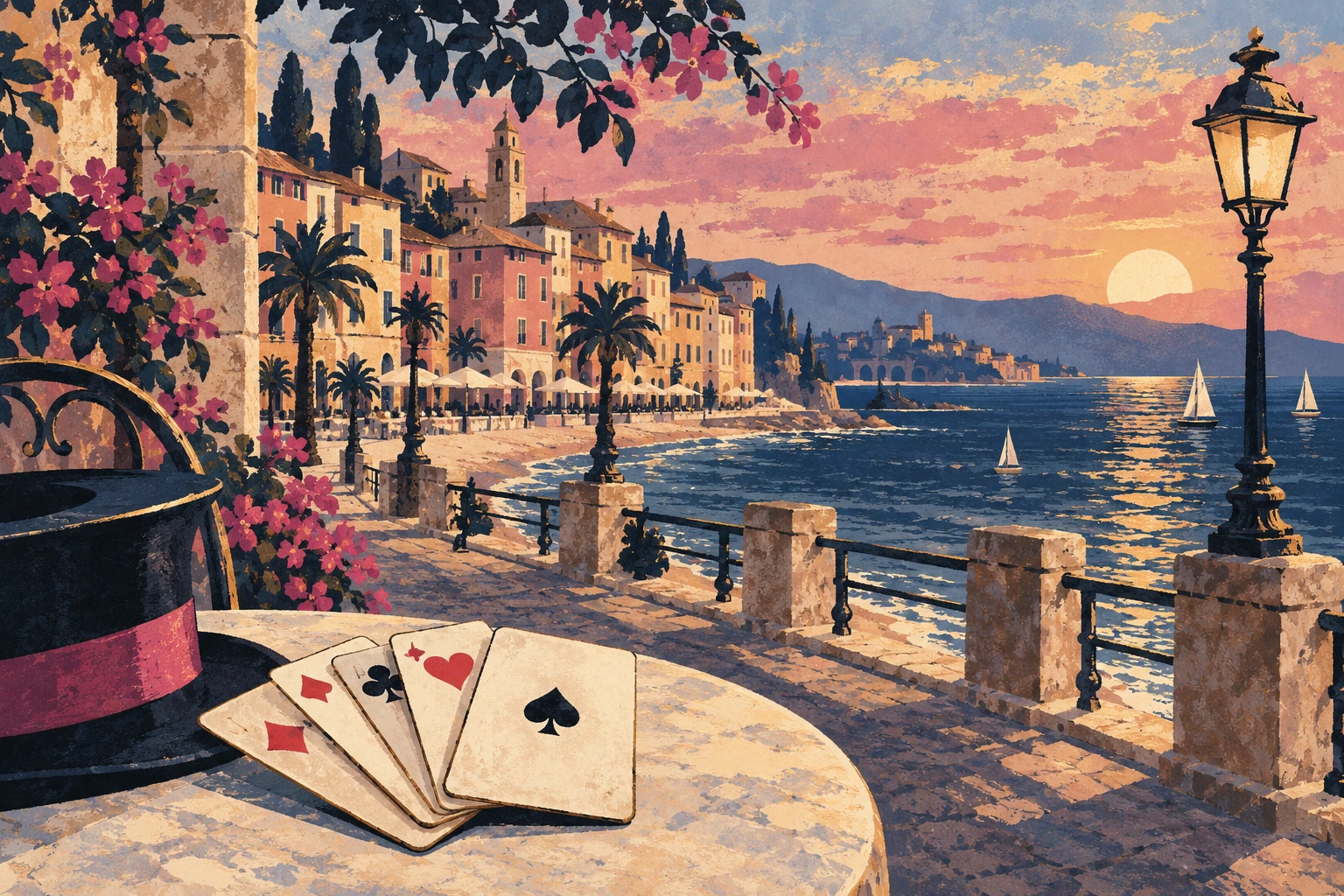 Editorial illustration of a magical seaside evening in Rimini.